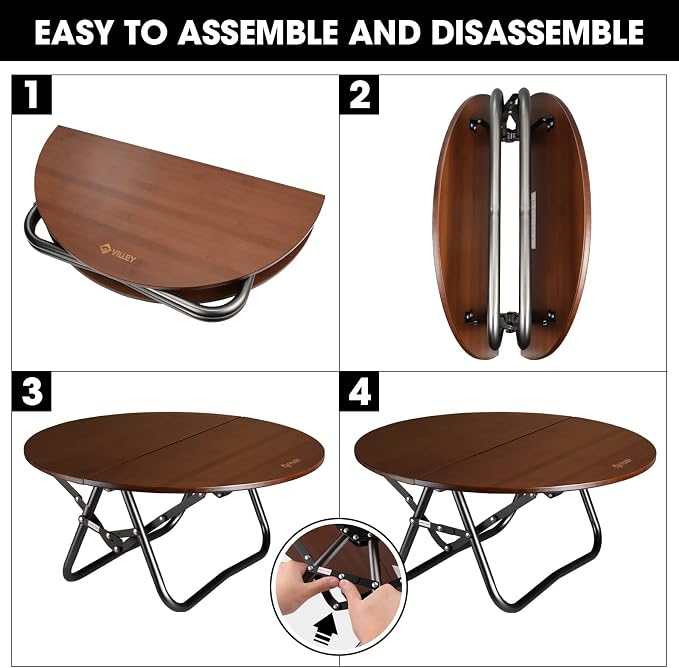 VILLEY Bamboo Round Folding Table, Camping Half-fold Portable Table - Image 7
