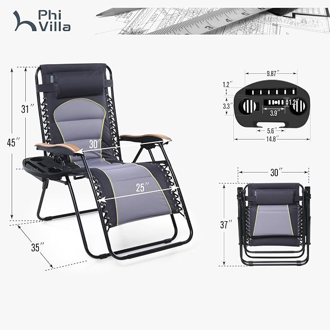PHI VILLA XXL Oversized Padded Zero Gravity Chair, Foldable Patio Recliner - Image 3