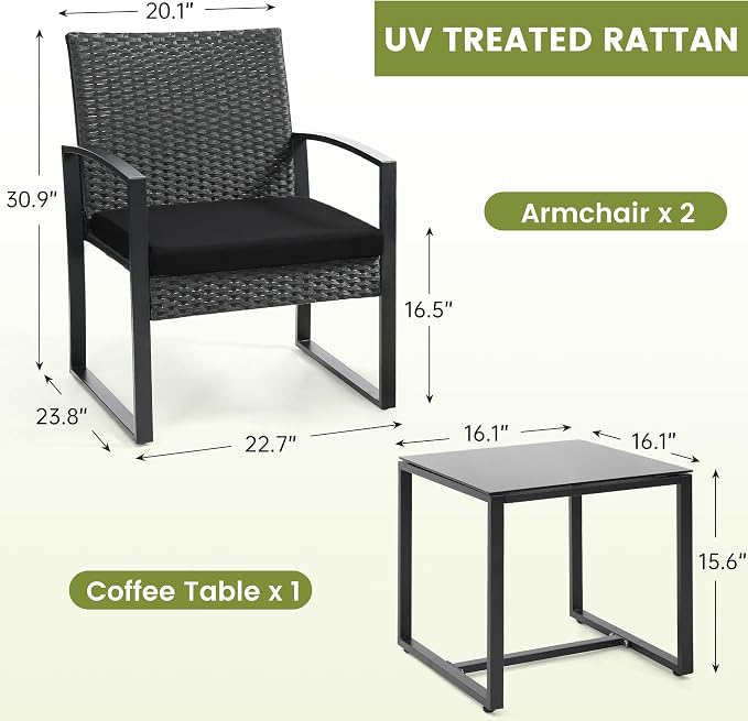 3 Piece Wicker Patio Bistro Set, Rattan Conversation Set - Image 6