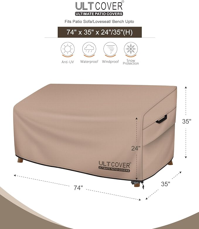 ULTCOVER Patio Furniture Sofa Cover 74W x 35D x 35H inch Waterproof Outdoor - Image 2