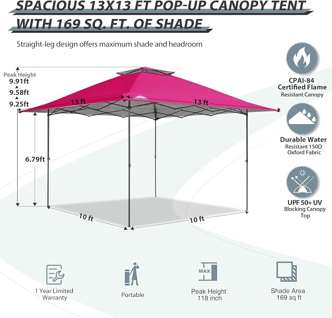 EAGLE PEAK 13x13 Straight Leg Pop Up Canopy Tent Instant Outdoor Canopy Easy - Image 3