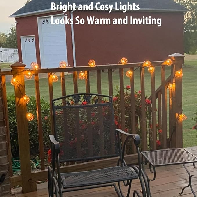 Outdoor Decorative Patio String Lights, Beaded Copper Wire Ball Style Lantern - Image 5