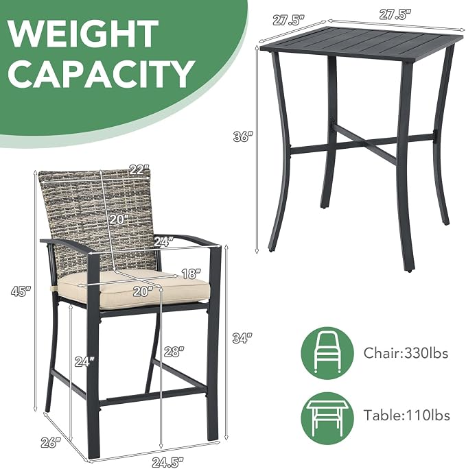 Tangkula 3 Piece Patio Bar Set, Outdoor Bistro Set w/ 27.5" Square Table - Image 6
