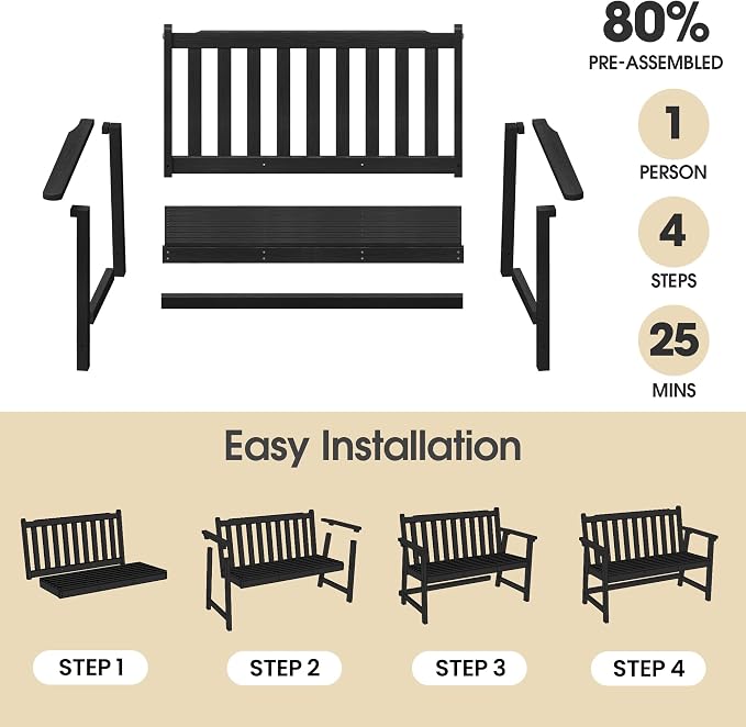 Ciokea 48" Outdoor Bench Set of 2, HDPE Weatherproof Garden Bench, 2-Person - Image 6