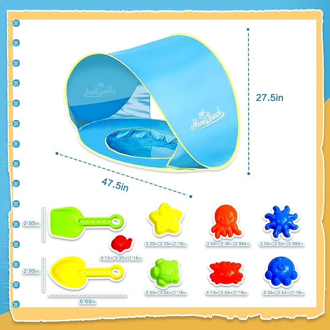 Monobeach Baby Beach Tent with Beach Sand Toys Pop Up Portable Shade Pool - Image 7