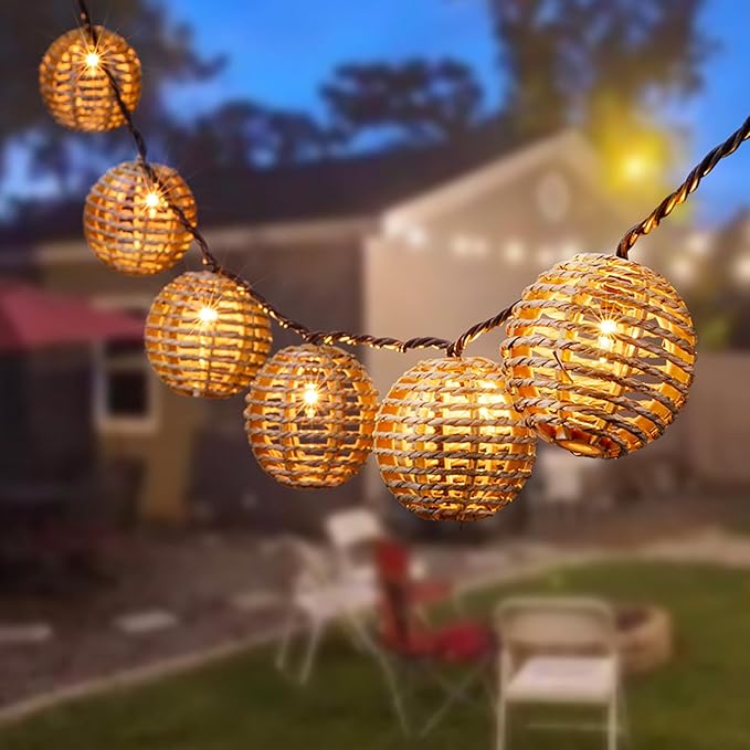Decorative Outdoor Patio String Lights, Seagrass Rattan Wire Ball Style Lantern by TWINKVILLA