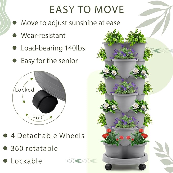 Umigy 2 Set Light Gray 7 Tier Stackable Vertical Planters - Image 6