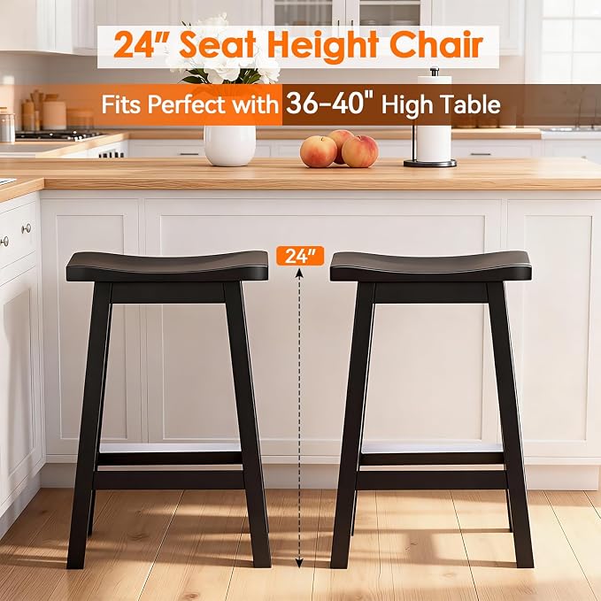 PayLessHere Bar Stools Set of 2, Wooden Saddle Stools 24 Inch Heigh, Bar Chairs - Image 4
