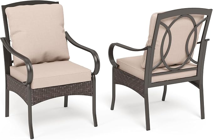 PHI VILLA Patio Chairs Set of 2, Heavy Duty Outdoor Metal Wicker Dining Chair by PHIVILLAThepioneerofcomfortablehouseholdsupplies