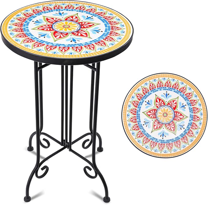 VCUTEKA Mosaic Outdoor Side Table, Round Rustproof Patio Tables by VCUTEKA