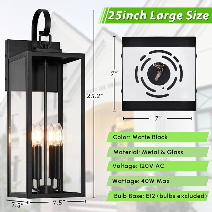 BesLowe 25" Outdoor Wall Light Fixture, 4-Light Extra Large Exterior Lighting - Image 6