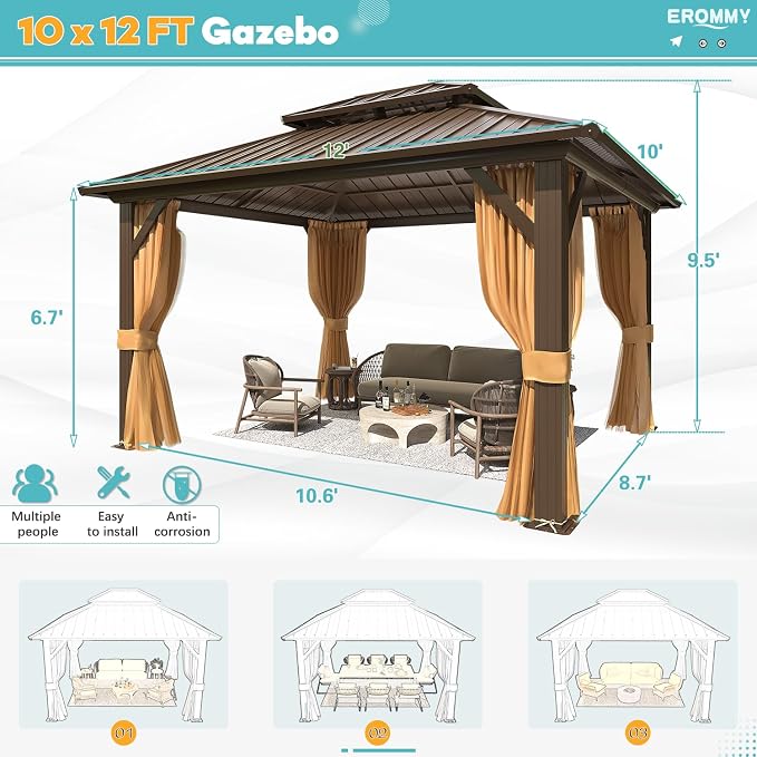 EROMMY 10' x 12' Hardtop Gazebo, Aluminum Frame Gazebos - Image 2