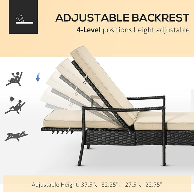 Outsunny Wicker Chaise Lounge, 4 Position Adjustable Backrest and Cushions - Image 4