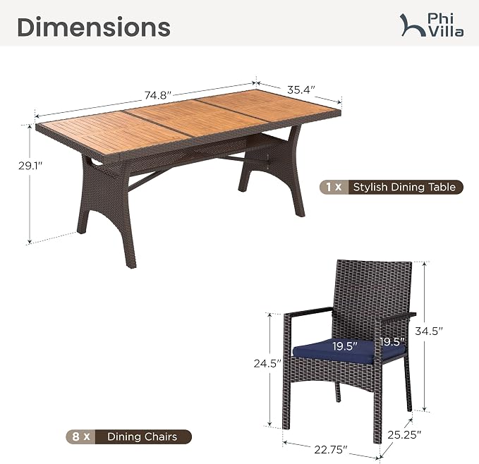 PHI VILLA Outdoor Dining Set for 8, Rectangular Wicker Table - Image 9