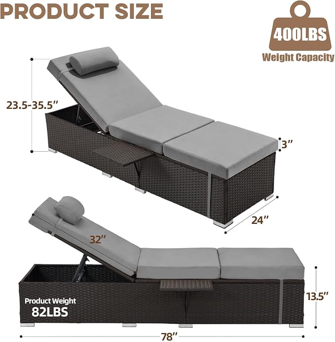 Outdoor Chaise Lounge with Adjustable Backrest Set of 4, 6-Position Reclining - Image 2