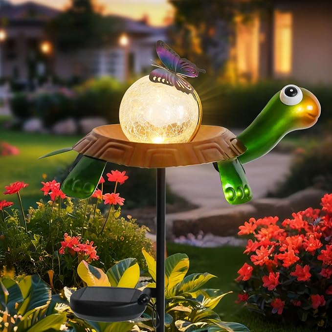 Afirst Solar Lights Outdoor Decorative Metal Turtle Crackle Glass Globe - Image 5