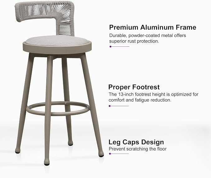 PURPLE LEAF Outdoor Swivel Bar Height Stools Set of 4 Metal Modern Wicker Bar - Image 6