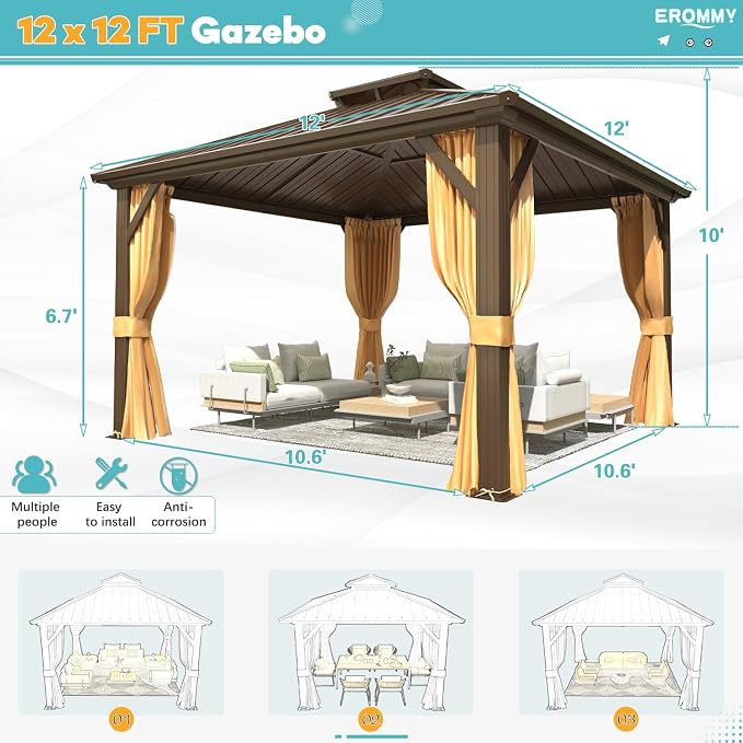 EROMMY 12' x 12' Hardtop Gazebo, Aluminum Frame Gazebos - Image 2