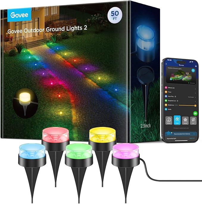 Govee Outdoor Ground Lights 2, 50ft Patio Decorations, 15 Pack RGBIC Pathway by Govee