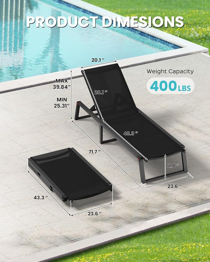 Aluminum Chaise Lounge Chair Outdoor, Foldable & Assembly Free Patio Pool - Image 2