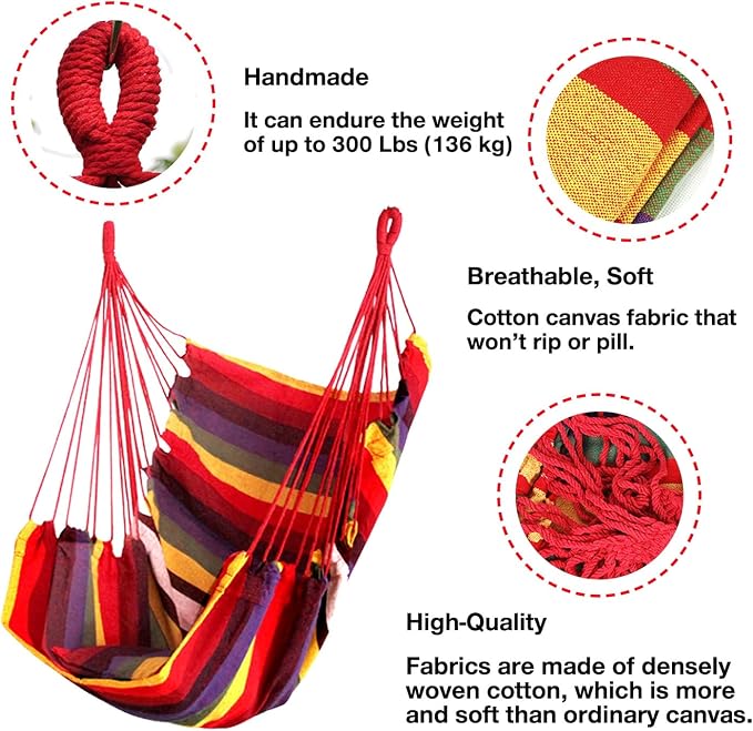 Hommtina Hammock Chair Hanging Rope Swing, Max 300 Lbs Hanging Chair - Image 2