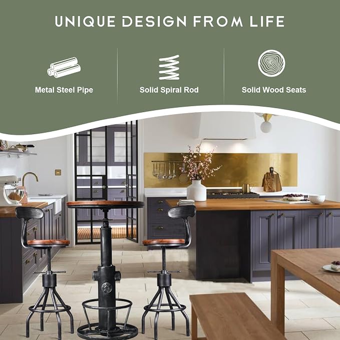 LOKKHAN Set of 2 Rustic Industrial Bar Stool-24-30 Tall Adjustable Metal Swivel - Image 5