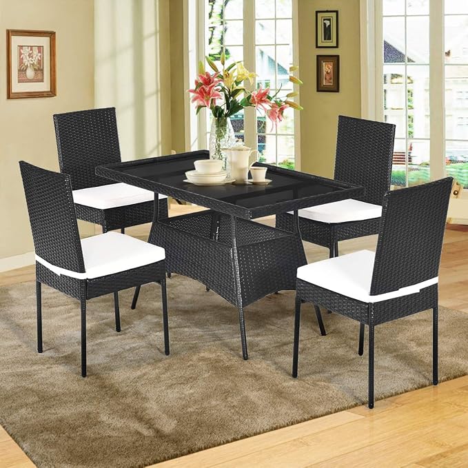 Tangkula 5 Piece Wicker Patio Dining Set, Outdoor Rattan Table & Chairs Set - Image 3