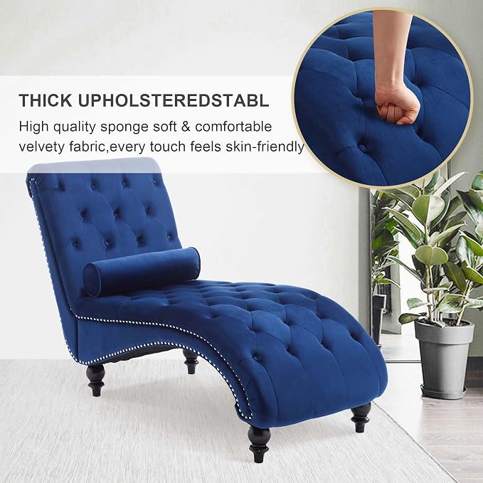 Chaise Lounge Indoor, Velvet Upholstered Lounge Chair Button-Tufted Armless - Image 3