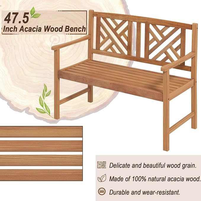 COSTWAY Outdoor Wooden Bench, Outdoor Acacia Wood Loveseat - Image 5