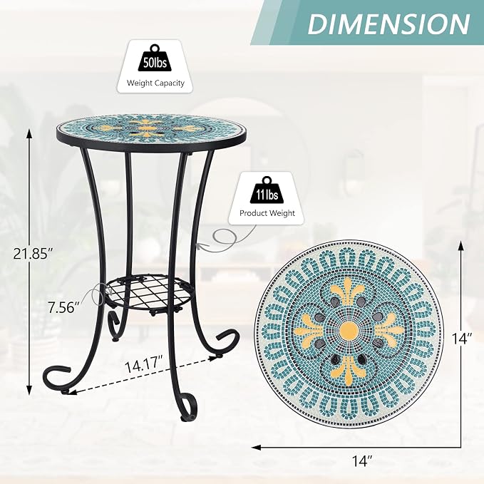 VCUTEKA Outdoor Side Table Mosaic Patio Table Accent Tables Mosaic Tile Top - Image 3