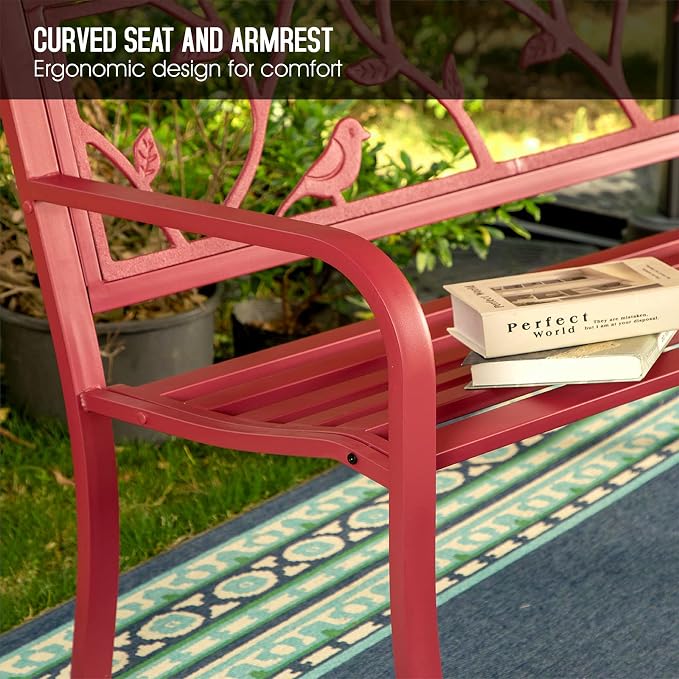 Sophia & William Outdoor Patio Metal Park Bench Red, Steel Frame Bench - Image 5