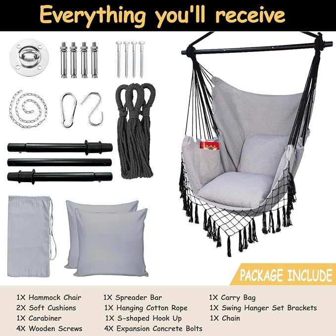 Hammock Chair Hanging Rope Swing Chair, Max 450 Lbs, Large Hanging Chair - Image 3
