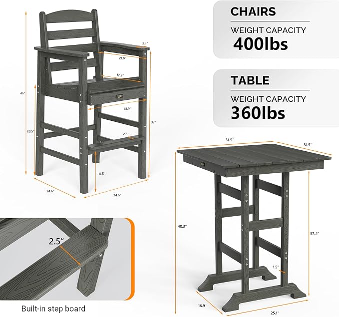 VINGLI 5-Piece Adirondack Outdoor Patio Bar Table and Chairs Set, HDPE Bar Set - Image 3