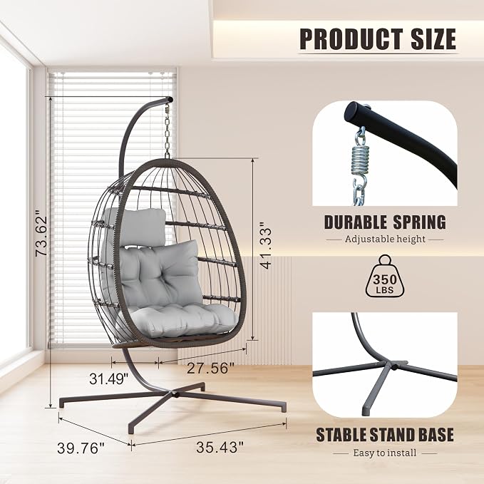 HWB Hanging Egg Chair with Stand, Swing Hammock Chair with Cushion - Image 2
