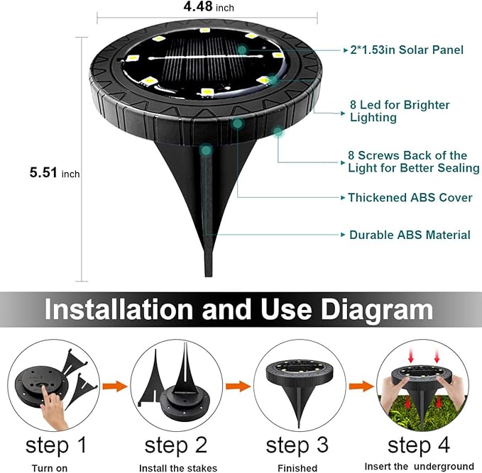 Solar Powered 8 Pack Outdoor LED Disk Lights - Image 4