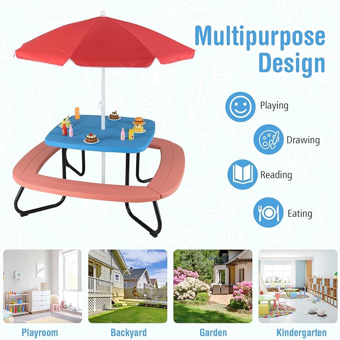 HONEY JOY Kids Picnic Table, 8 Person Toddler Outdoor Table and Chair Set - Image 8