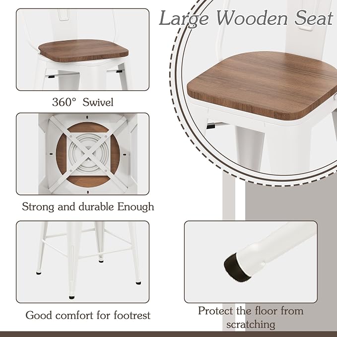 Alunaune 26" Swivel Metal Bar Stools Set of 4 High Back Counter Height - Image 7