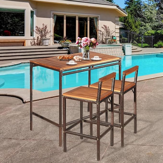 RELAX4LIFE 3-Piece Outdoor Bar Table Set, PE Rattan Wicker Bar Height Dining - Image 2