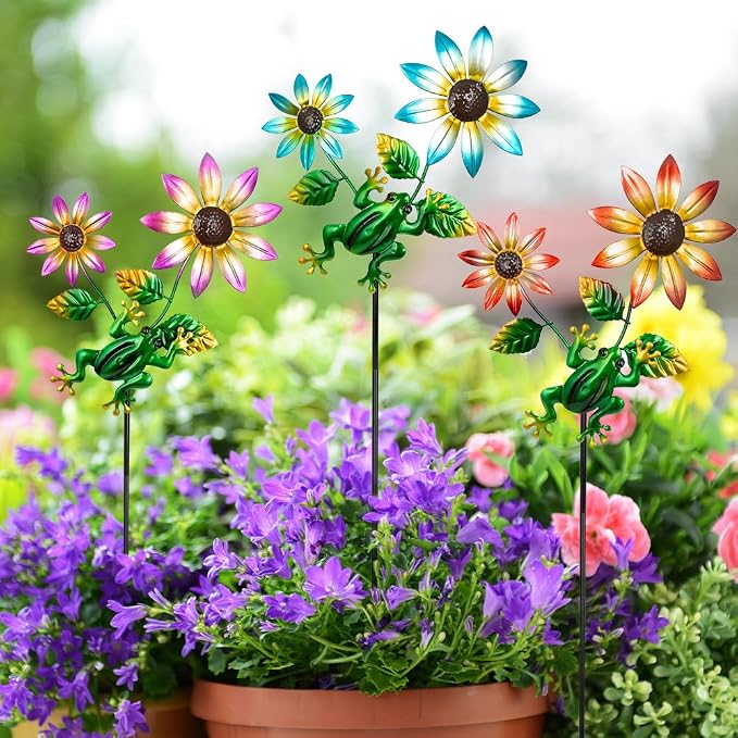 3 Pack Frog＆Flowers Garden Stakes Decor, Metal Yard Art Decorative Garden Stakes - Image 5