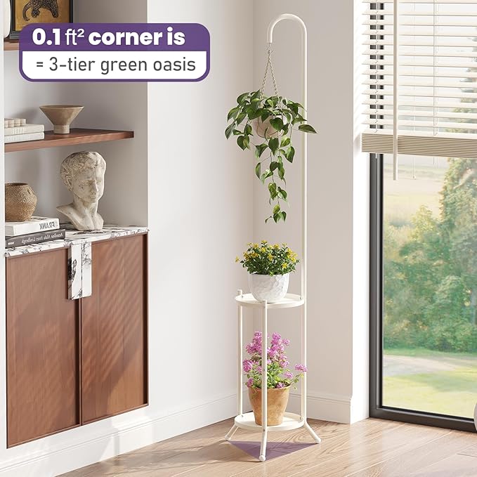 2-Tier Metal Plant Stand with Hanging Hook, Indoor Outdoor Plant Shelf - Image 4