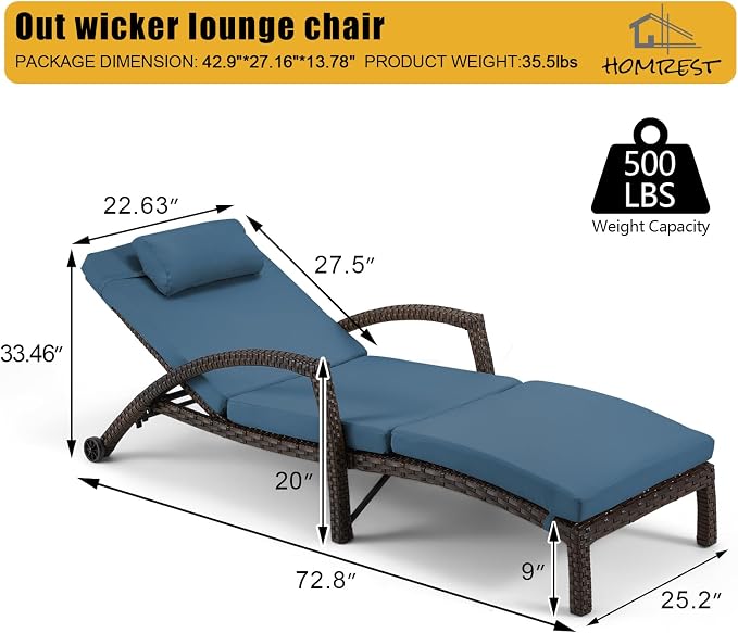 HOMREST Chaise Lounge Chairs Set of 6, PE Rattan Wicker Patio Lounge Chair - Image 3