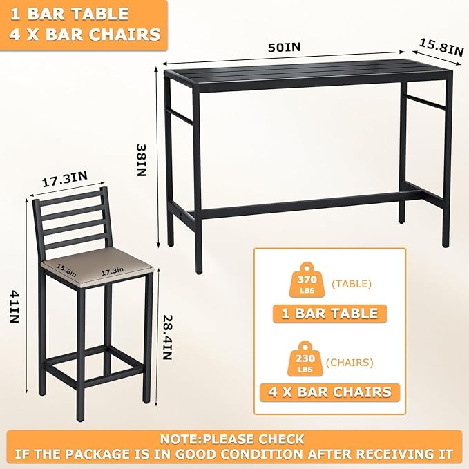 5 Piece Outdoor Patio Bar Set, 4 Cushioned 41" Bar Stools Modern Metal Outdoor - Image 3