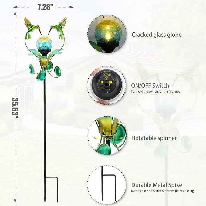 Solar Lights Outdoor Metal Garden Stake Waterproof Crackle Glass Globe Garden - Image 4
