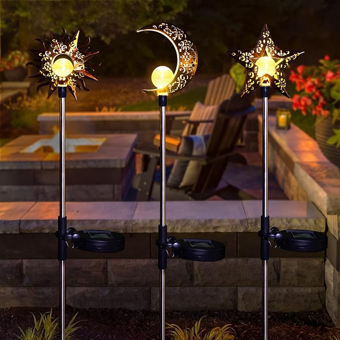 Solar Garden Stake Lights, Moon Sun Star Yard Decorations Outdoor 3 Pack Solar - Image 6
