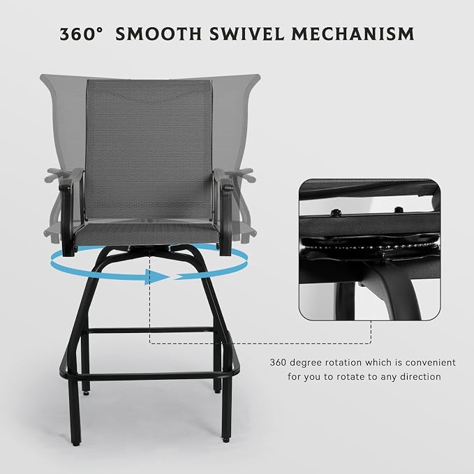 LEVELEVE Patio Bar Set 2pcs Swivel Bar Stools Outdoor Bistro Textilene - Image 4