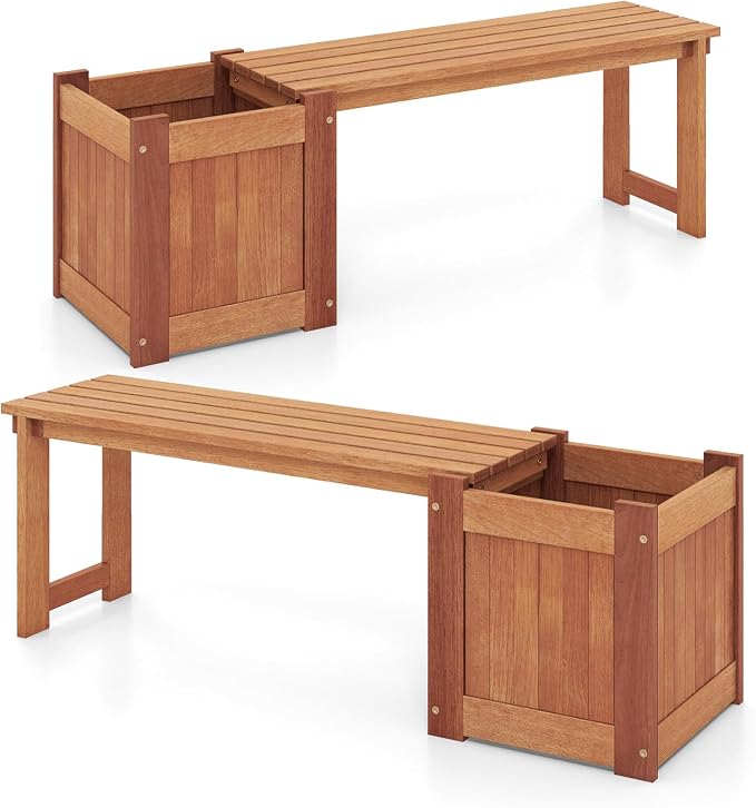 HAPPYGRILL Outdoor Bench with Planter Box, 2 Raised Garden Bed w/Spacious Seat by HAPPYGRILL