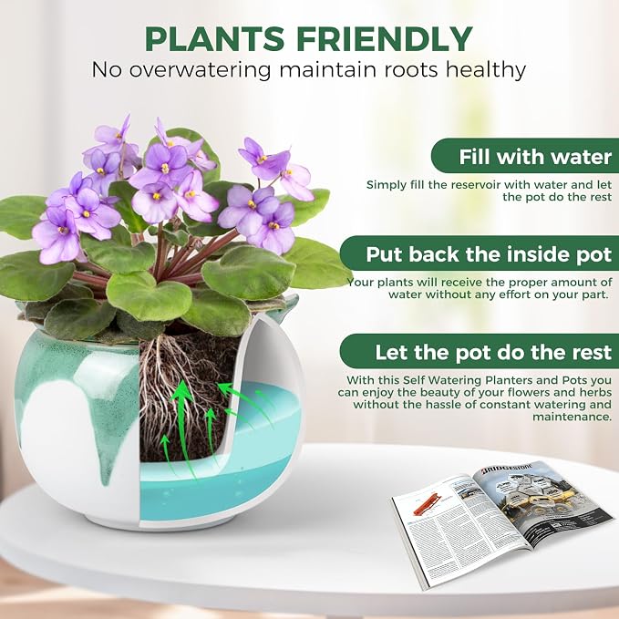 African Violet Pots, 6 inch Ceramic Easy Self Watering Plant Pot - Image 2