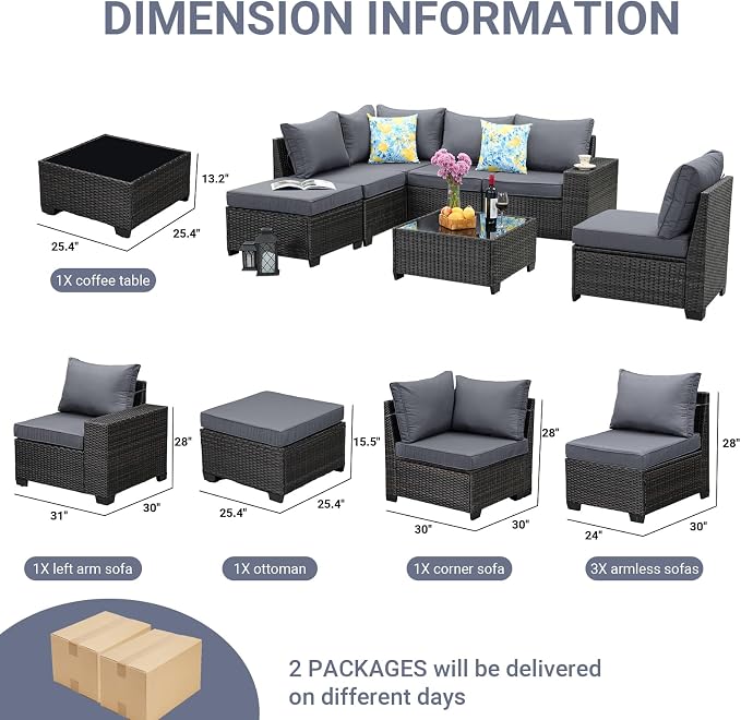 Jing's Villa 7-Piece Patio Furniture Set, All-Weather Outdoor Wicker Sectional - Image 2