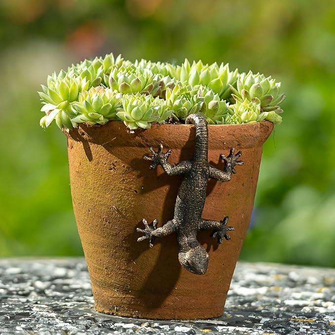 Vintage Bronze Gecko Planter Pot Hugger Flower Figurine – Resin Climbing Lizard - Image 4