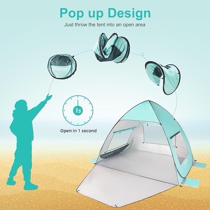 TOBTOS UPF 50+ Pop Up Beach Tent, Easy Set Up Beach Umbrella, Sun Shelter - Image 5